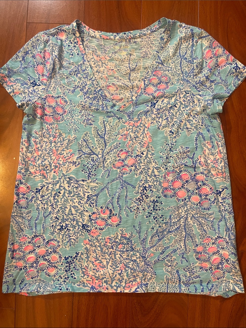 Lilly Pulitzer Seafoam Blue Coral-Print V-Neck Tee